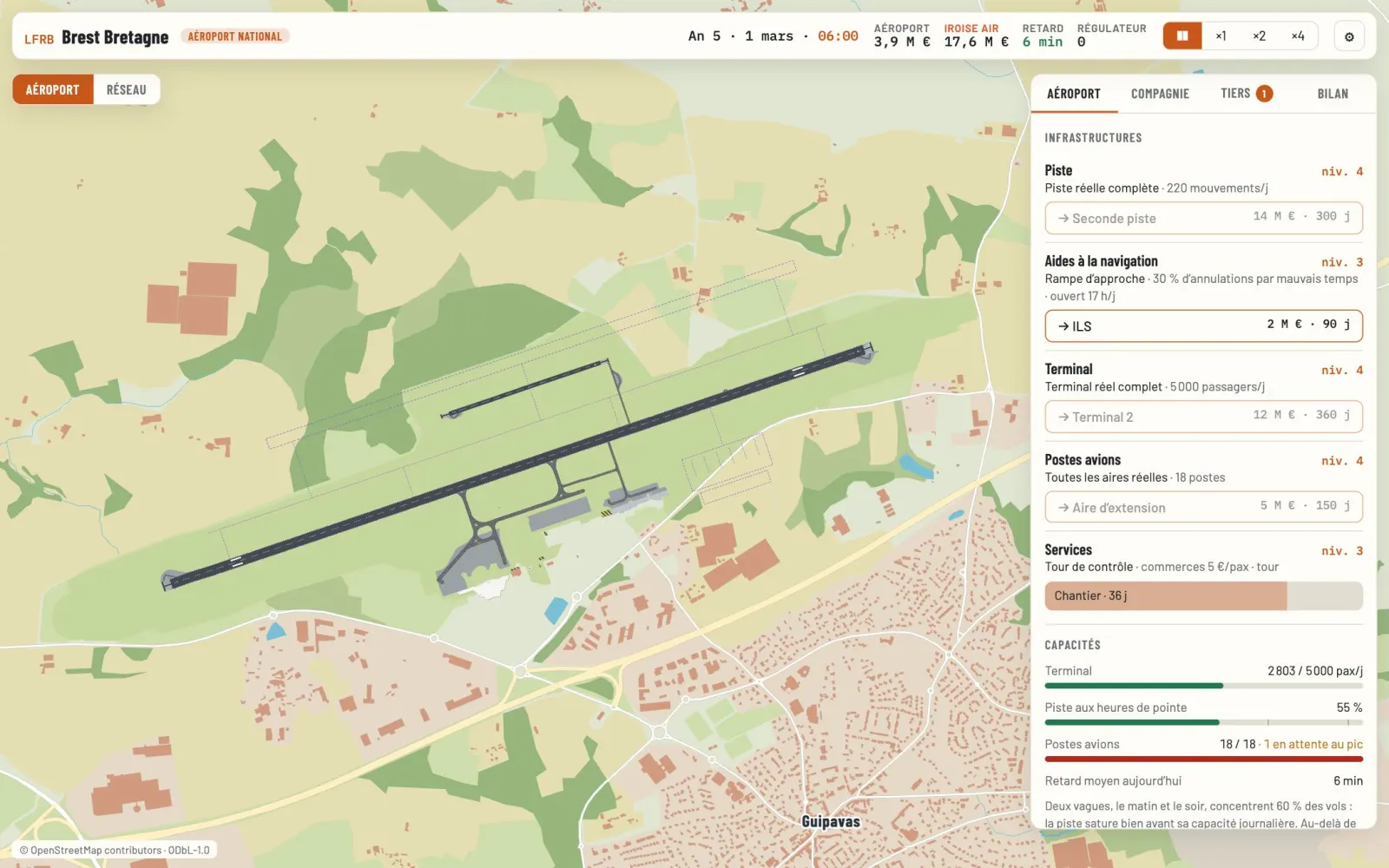 Le jeu en cours : l’aéroport de Brest avec sa piste réelle, et le panneau des infrastructures à droite.