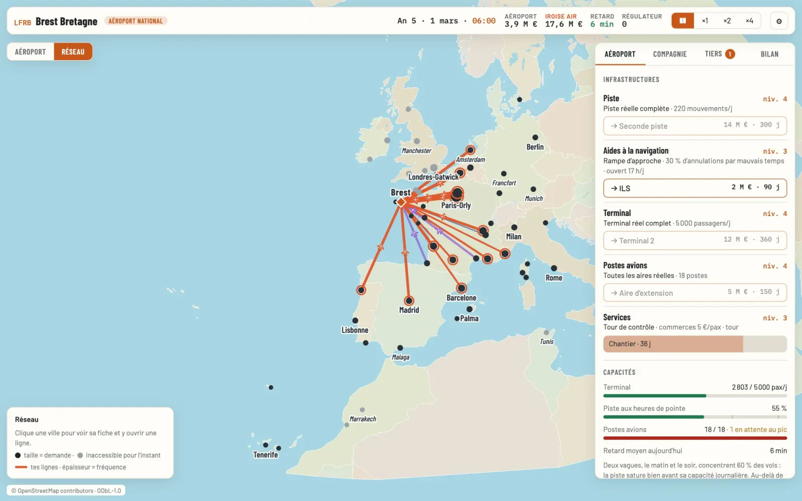La vue Réseau : une carte d’Europe centrée sur Brest, avec les lignes de la compagnie.